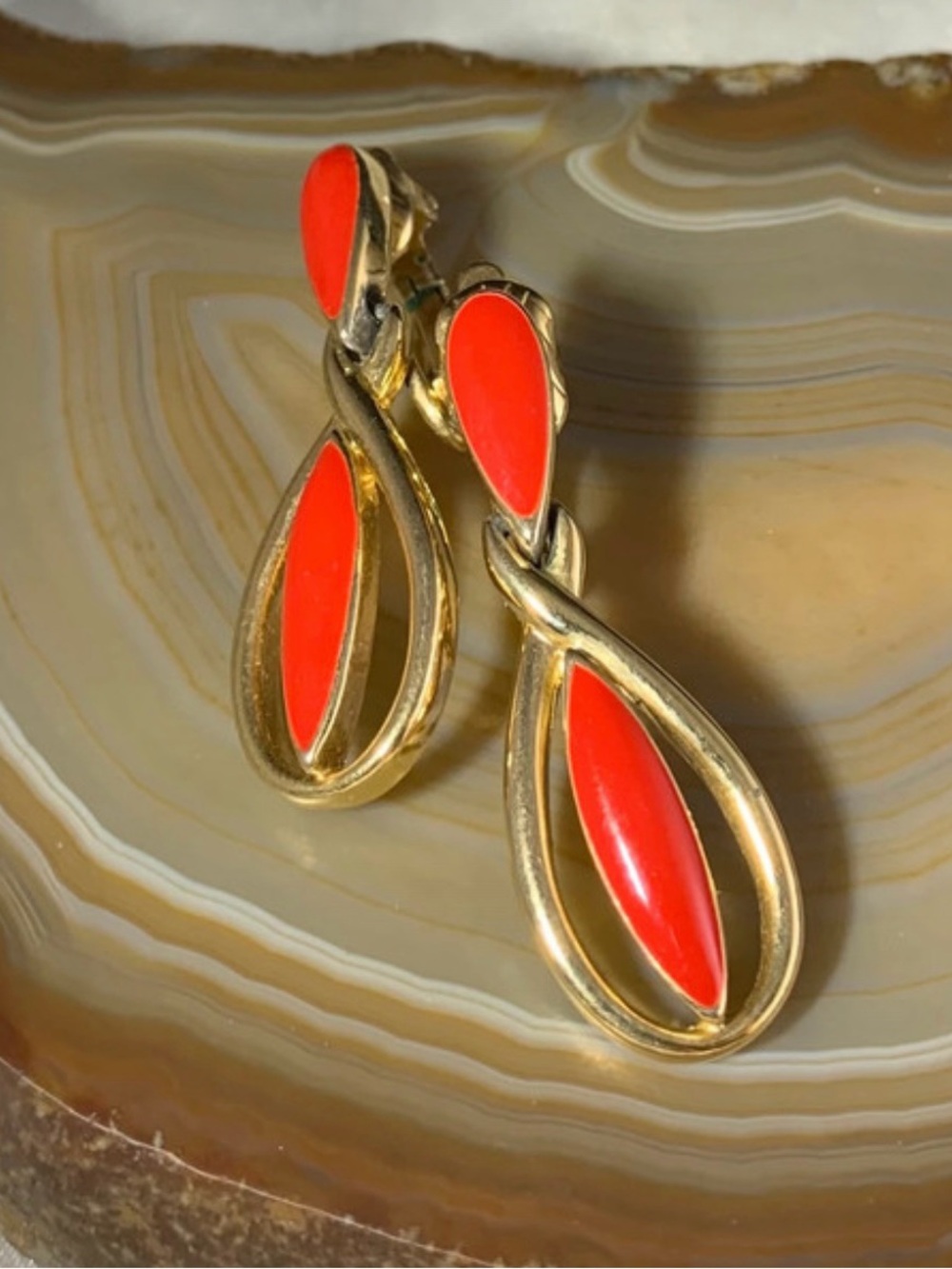 Vintage Trifari  Gold-Tone Clip On Earrings with Bright Red Teardrop Inlay